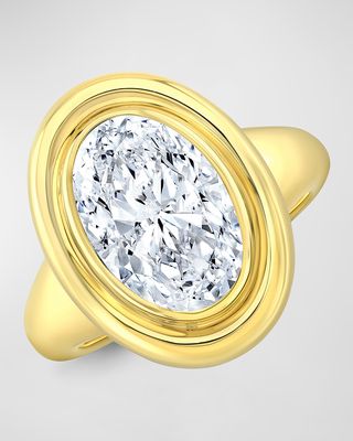 18K Yellow Gold Oval GIA Diamond Twin Bezel Ring, Size 6.5