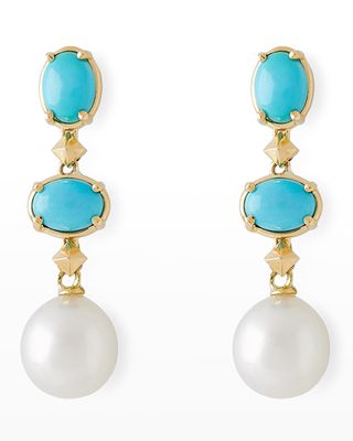 18K Yellow Gold Oval Turquoise, 11mm South Sea Pearl and Small Cube Drop Earrings