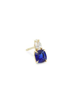 18K Yellow Gold, Pear Diamond, & Blue Sapphire Single Stud Earring