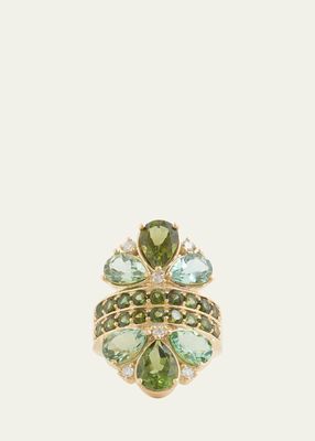 18K Yellow Gold Pear Shape Green Tourmaline and Diamond Mirrored Ring