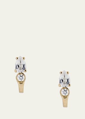 18K Yellow Gold Pear White Topaz and Diamond Huggie Hoop Earrings