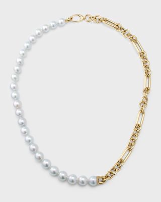 18K Yellow Gold Pearl and Chain Link Necklace