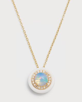 18K Yellow Gold Pendant with Round Opal, Diamonds and White Frame, 1.39tcw