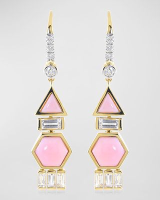 18K Yellow Gold Pink Opal Tri Baguette Diamond Hoop Earrings