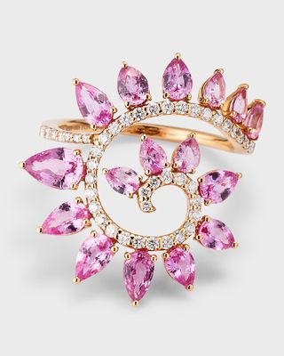 18k Yellow Gold Pink Sapphire and Diamond Spiral Ring, Size 6.5