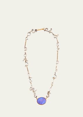 18K Yellow Gold Plated Sea Pond Lake Script Necklace with Blue Opal, 16"L