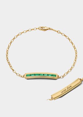 18K YELLOW GOLD POESY BRACELET WITH BAGUETTE EMERALDS AND ENGRAVED CARPE DIEM