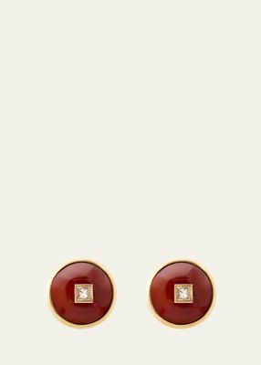 18K Yellow Gold Princess Red Chalcedony and Diamond Stud Earrings, Medium