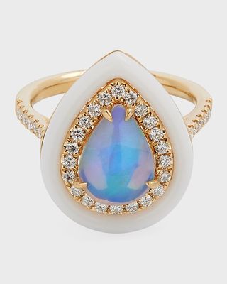 18K Yellow Gold Ring with Pear-Shape Opal, Diamonds and White Frame, 1.43tcw, Size 7