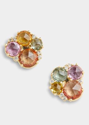 18K Yellow Gold Rose-Cut Multicolor Sapphire and Diamond Stud Earrings
