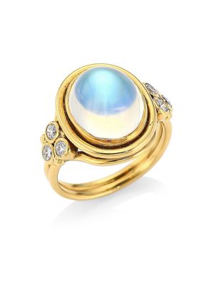 18K Yellow Gold, Royal Blue Moonstone & Diamond Oval Ring - Yellow Gold - Size 6.5 - Yellow Gold - Size 6.5
