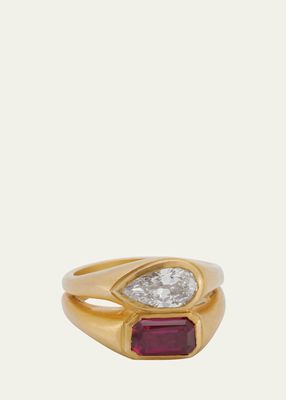 18K Yellow Gold Ruby and Diamond Pear Stacked Ring