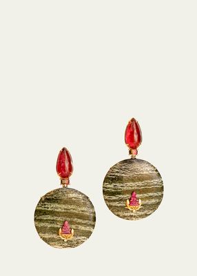 18K Yellow Gold Ruby Chrysolite Buddha Drop Earrings with Pink Tourmaline, Bi-Color Tourmaline, and Diamonds