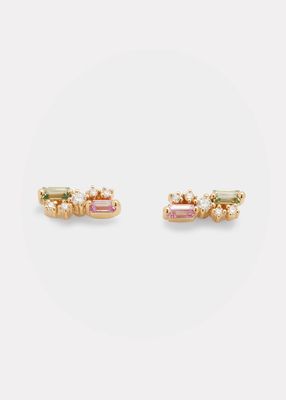 18K Yellow Gold Sapphire & Diamond Stud Earrings