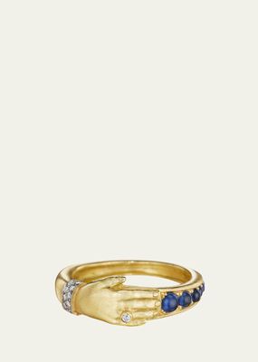 18K Yellow Gold Sapphire One Hand Band with Diamonds, Size 6.5