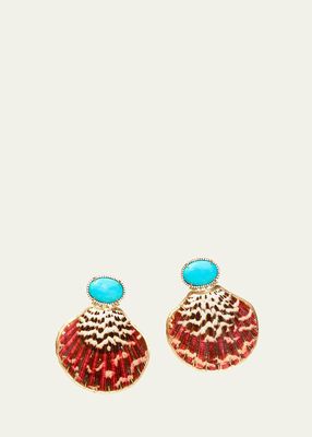 18K Yellow Gold Shell Earrings with Diamonds and Turquoise