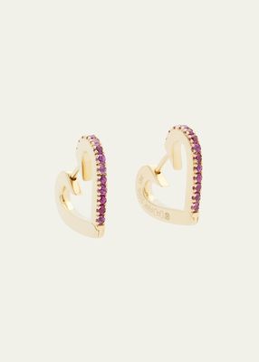 18K Yellow Gold Small Heart Hoop Earrings with Rubies