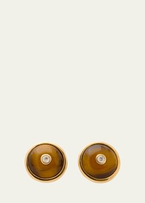 18K Yellow Gold Small Round Tigers Eye and Diamond Stud Earrings