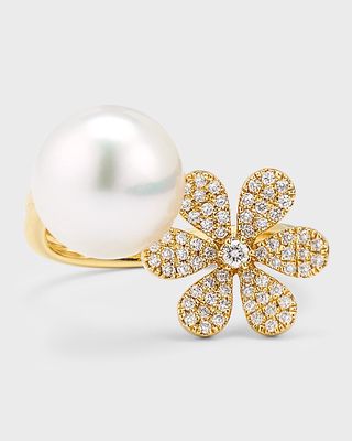 18K Yellow Gold South Sea Pearl and Daisy Flower Pot Ring, Size 6.5