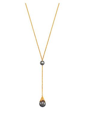 18K Yellow Gold, Tahitian Pearl & 0.46 TCW Diamond Lariat Necklace