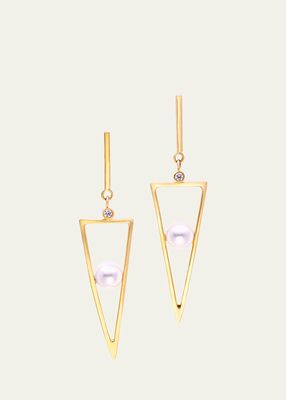 18K Yellow Gold Triangle Drop Hoop Earrings with White Diamonds and Freshwater Pearls