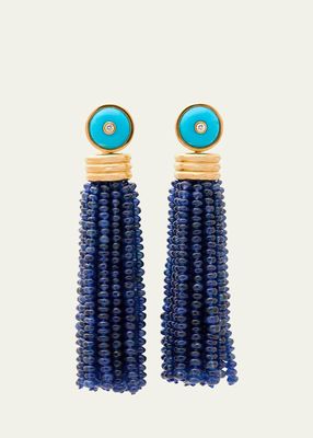 18K Yellow Gold Triple Tassel Blue Sapphire Rondelle Earrings with Turquoise and Diamond Studs