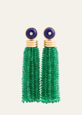 18K Yellow Gold Triple Tassel Emerald Rondelle Earrings with Lapis Lazuli and Diamond Studs