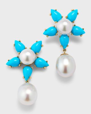 18K Yellow Gold Turquoise, Akoya Pearl and South Sea Pearl Earrings