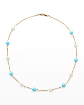 18K Yellow Gold Turquoise and 7mm Akoya 6-Pearl Necklace, 19"L