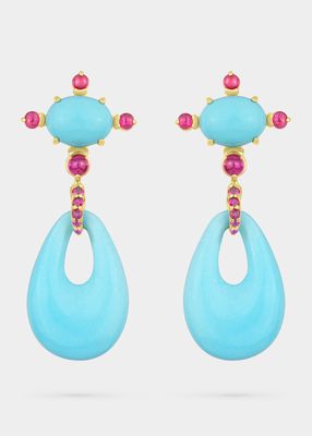 18k Yellow Gold, Turquoise and Ruby Drop Earrings