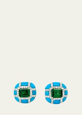 18K Yellow Gold White Diamond, Tsavorite, and Turquoise Earrings