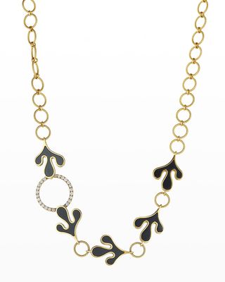 18k Yellow Gold White Diamonds and 5 Small Black Ceramic Leaf Necklace