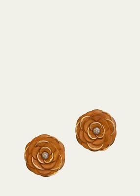 18K Yellow Gold Wood Camelia Clip-On Earrings With Diamonds