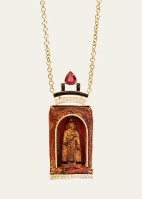 18K Yellow Gold Wooden Statue Necklace with Diamonds, Rubellite and Onyx