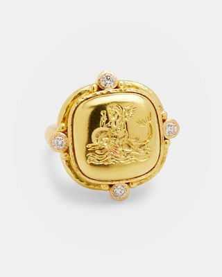 19K Cupid on Dolphin Cushion Ring, Size 6.5