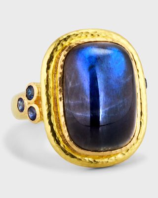 19K Cushion Cut Labradorite and Blue Sapphire Ring, Size 6.5