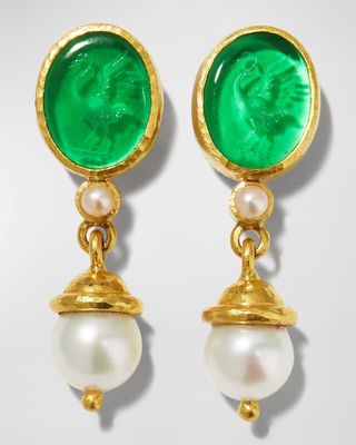 19k Gold Crane Intaglio & Akoya Pearl Drop Earrings