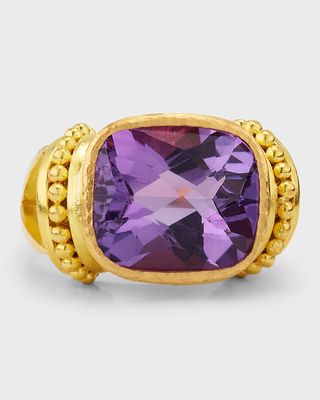 19K Horizontal Oval Amethyst Ring with Granulation, Size US 6.5