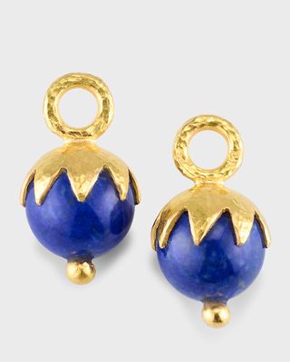 19K Round 10mm Lapis Earring Pendants with Eggplant Cap and Gold Dots