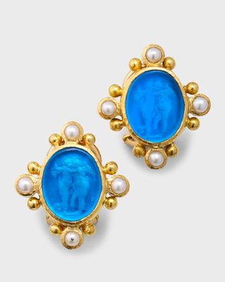 19K Venetian Glass Intaglio Cherub Twins Earrings with Pearl Spokes