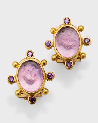 19K Venetian Glass Intaglio Oval Crane Earrings with 2.5mm Amethyst and Dots, Mulberry