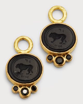 19K Venetian Glass Intaglio Stalking Lion Earring Pendants with Crystals and Mother-of-Pearl
