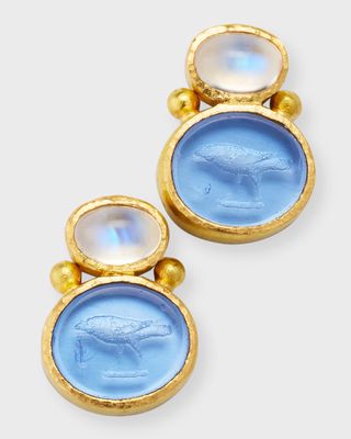 19K Venetian Glass Intaglio Tiny Bird Stud Earrings with Oval Cabochons