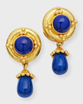 19K Yellow Gold Round and Drop Lapis Earrings