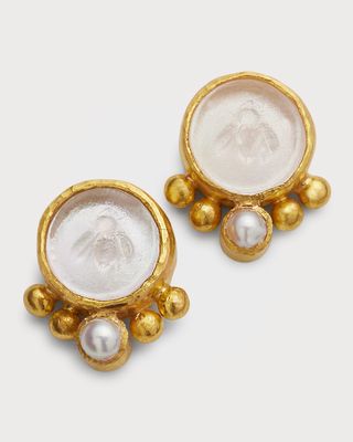 19K Yellow Gold Stud Earrings with Tiny Bee and Pearls