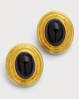 19K Yellow Gold Vertical Oval Stud Earrings with Black Onyx