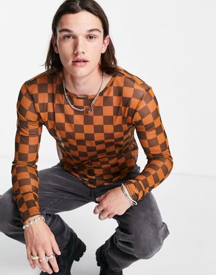 2-Minds sheer mesh t-shirt in brown and orange check