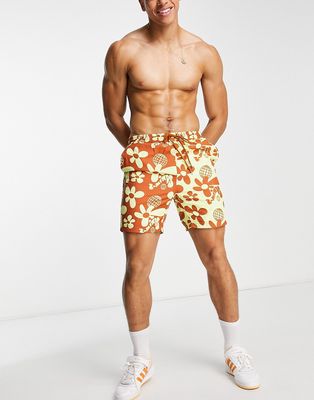 2-Minds spliced printed beach shorts in orange-Brown