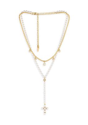 2-Piece 18K Gold-Plated, Acrylic Pearl & Glass Crystal Lariat Necklace Set