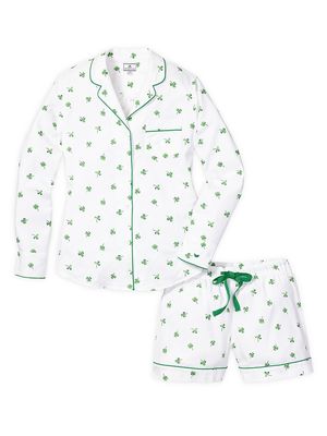 2-Piece Shamrocks Long Sleeve Shorts Pajama Set - White - Size XS - White - Size XS